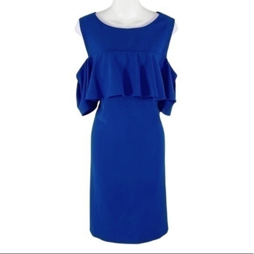 Tahari blue ruffle cold shoulder stretch dress 14